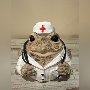 Toad Hollow Nurse Toad Figurine with Stethoscope Shelf Sitter Garden Statue